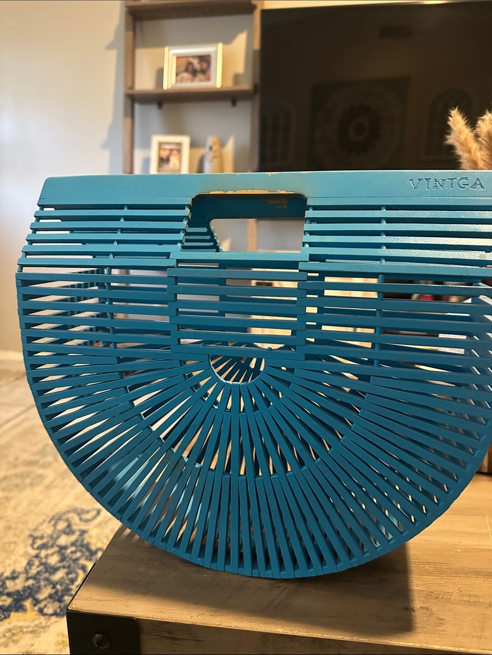 Turquoise Semi-Circle Bamboo Tote Bag